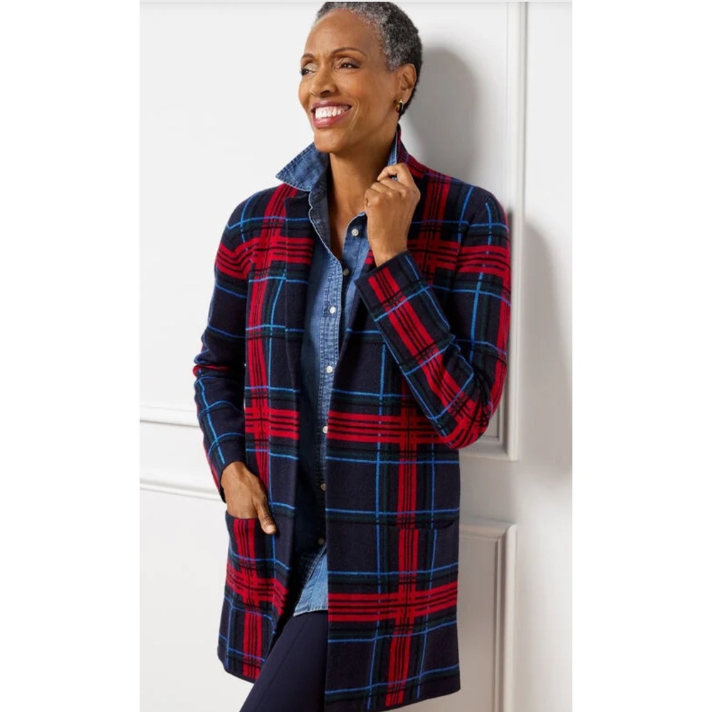 Talbots Petite LP 100% Merino Wool Plaid Open Front Cardigan Sweater‎ Jacket